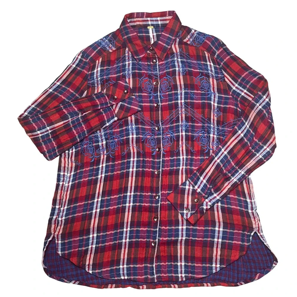 Free People Button Down Shirt Womens Small Red Plaid Floral Embroidered Boho